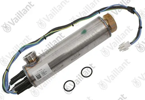 Vaillant Zusatzheizung mit Metallgehäuse, elektrischen Anschlüssen und zwei O-Ringen. Kabelverbindungen für den Anschluss an Heizsysteme sichtbar.